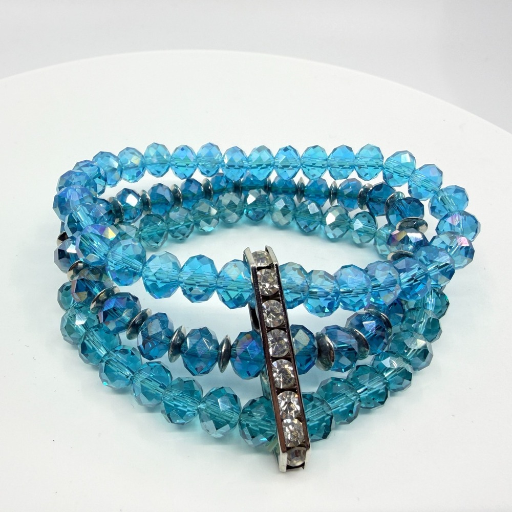 Y2K Blue Crystal 3-Row Stretch Bracelet Rhinestone Spacer‎ Boho Glam Fashion